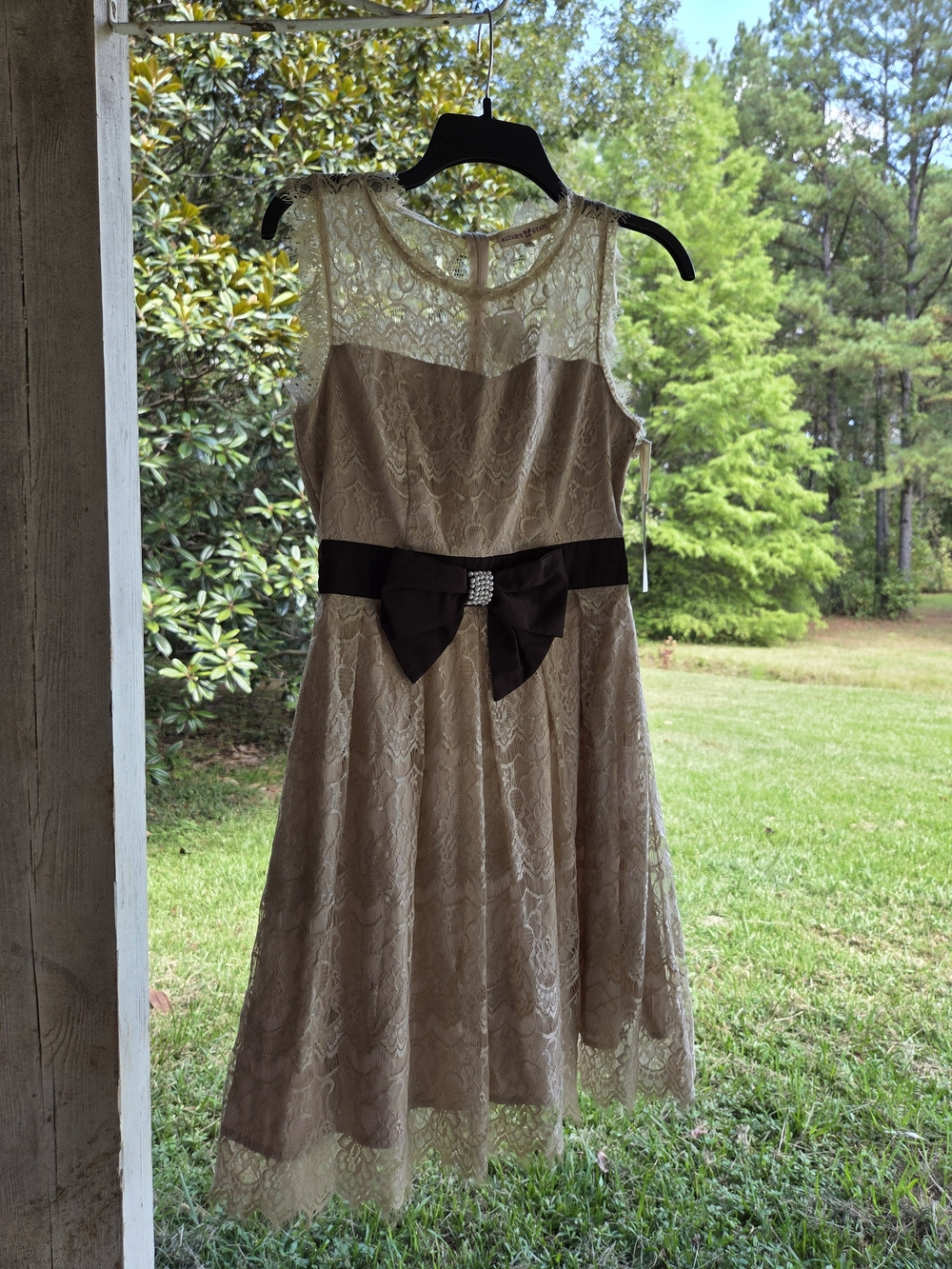 Altar'd State Cream Lace Midi Dress with Black Bow